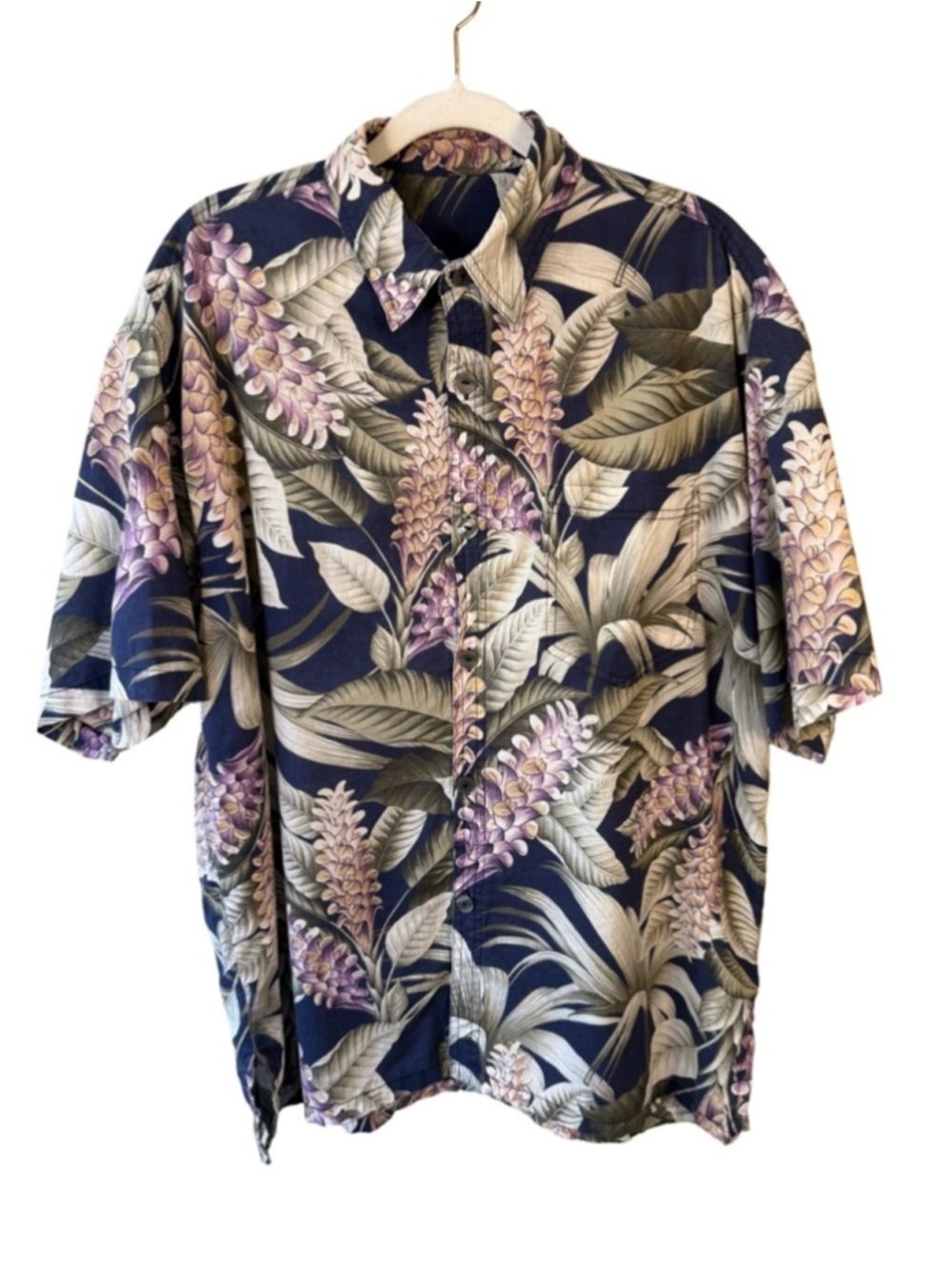 Handmade Classic Navy Floral Short-Sleeve Button-Up Shirt Size XL Festival